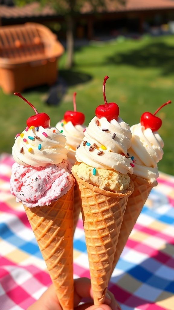 Four homemade ice cream cones filled with various ice cream flavors, topped with sprinkles and cherries, on a picnic blanket.